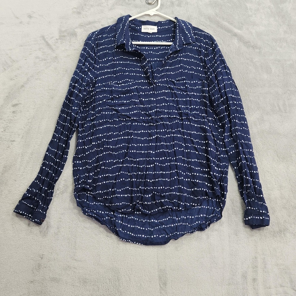 Bella Dahl Top Womens M Blue White Polka Dot Hipster Long Sleeve Button Up Rayon
